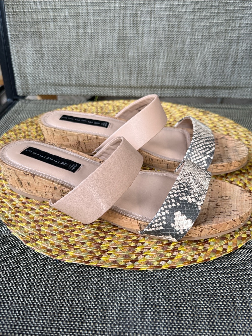 Steven by Steve Madden Bammba Snakeskin Leather Cork Wedge Sandals 10